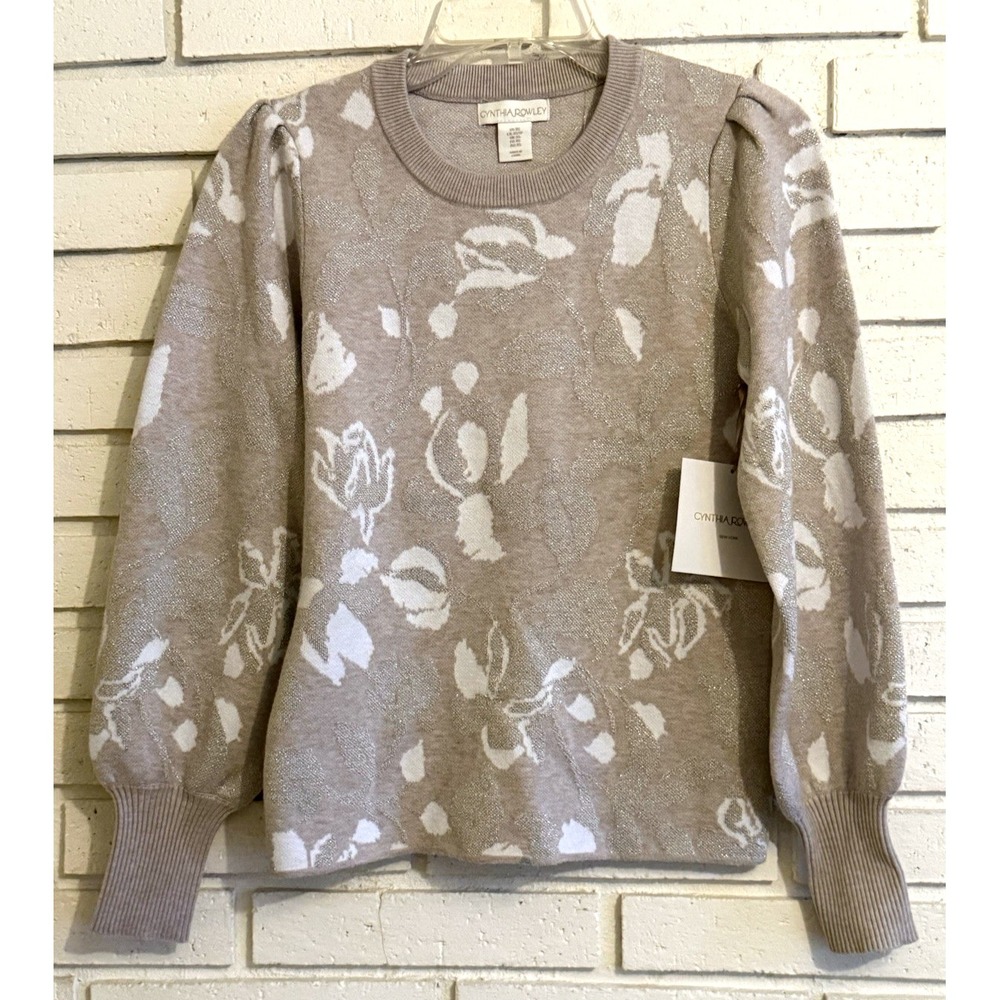 Cynthia Rowley Beige Floral Soft Knit Pullover Sweater Size XS NEW Metallic